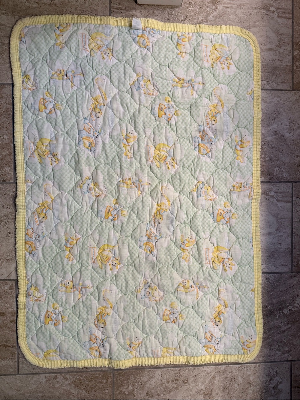 Vintage 1978 Dundee Mills Yellow Baby Quilted Crib Blanket with Animal Print
